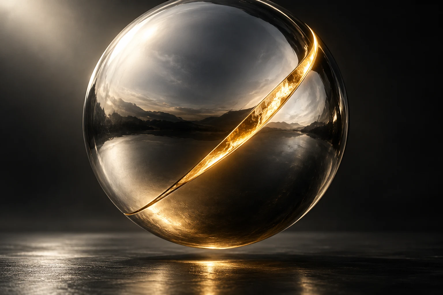 A silver sphere opening to reveal a brilliant seam of gold light