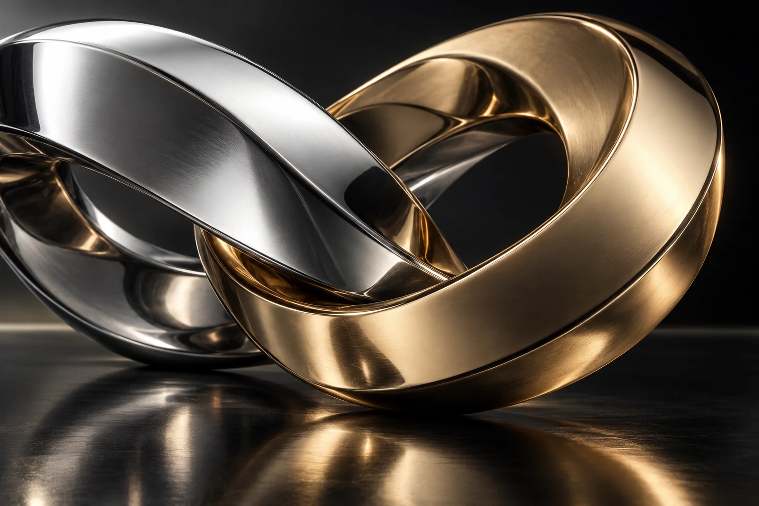 Sculptural silver and gold bands joined in a flowing connection