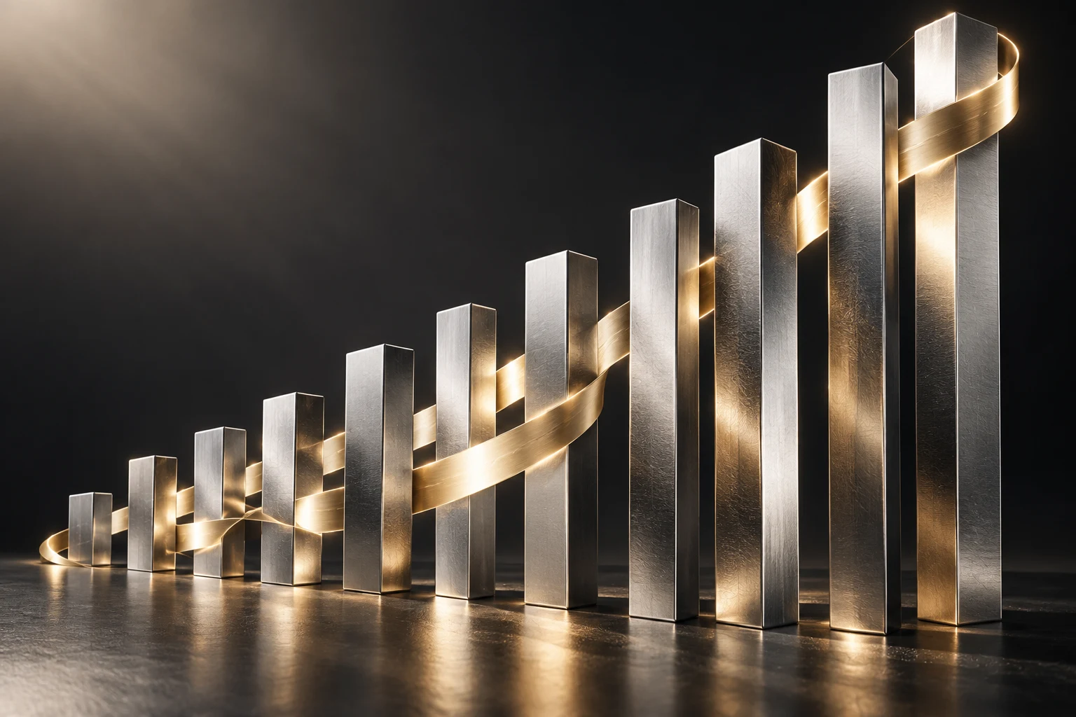 Silver pillars ascending in height, linked by a rising gold ribbon